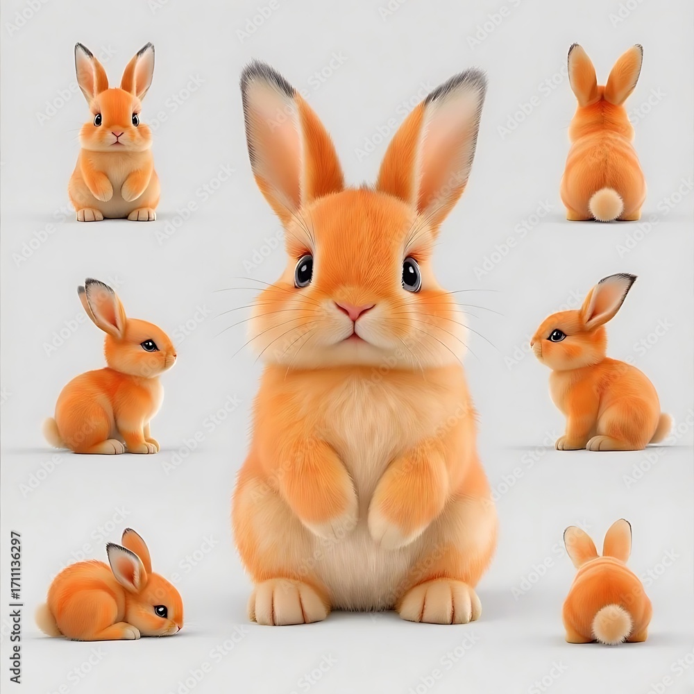 Fototapeta premium Set of Cute Orange Cartoon Bunny Characters