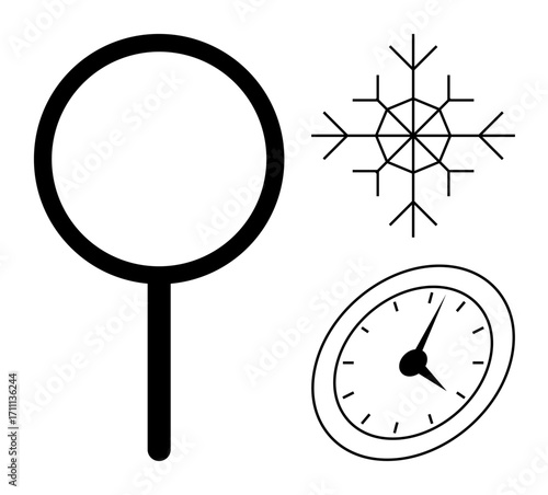 Magnifying glass beside snowflake and clock representing exploration, time, and winter themes. Ideal for analysis, weather, science, discovery, scheduling precision seasonal concepts. Simple flat