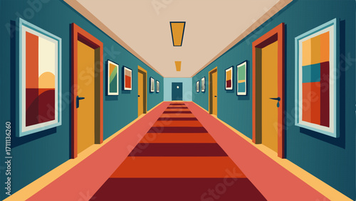A hallway lined with framed artwork in various sizes and styles adorned with a bold and colorful runner rug.