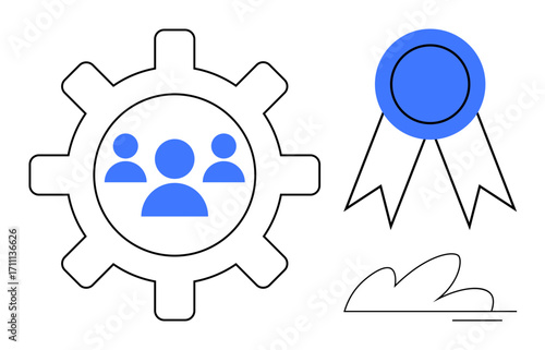 Gear with team icon, blue ribbon, and abstract line elements symbolizing teamwork, success, and collaboration. Ideal for leadership, productivity, organization, community reward and achievement