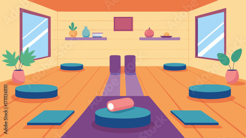 A quiet room with meditation cushions and yoga mats for students to relax and destress.