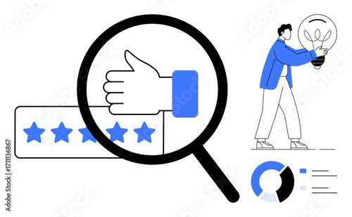 Magnifying glass focusing on thumbs up with star ratings person carrying lightbulb next to data charts. Ideal for customer satisfaction, quality, analysis, innovation, research, feedback, teamwork