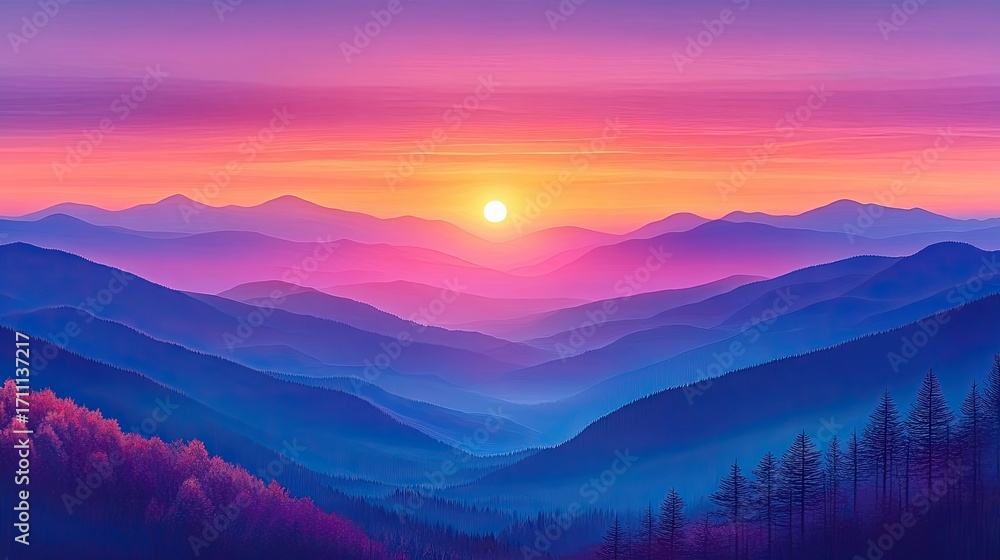 Fototapeta premium Vibrant sunset over a layered mountain range showcasing serene beauty and colorful sky