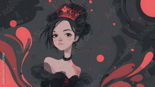 Elegant woman with crown and dark dress looking thoughtful and poised.