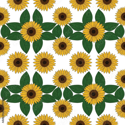 Seamless pattern of sunflowers and green leaves on a white background.