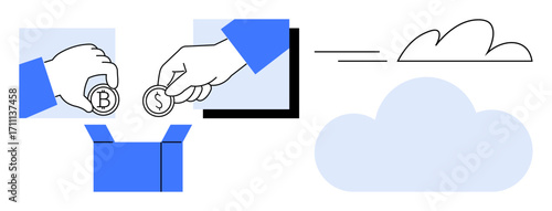Hands depositing marked coins into a box, transitioning to cloud imagery. Ideal for investment, savings, crowdfunding, cloud technology, digital finance, online services innovation. A simple flat
