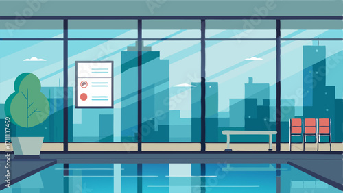 A large glass wall facing the lobby displaying the pool rules and safety regulations for all visitors to see.