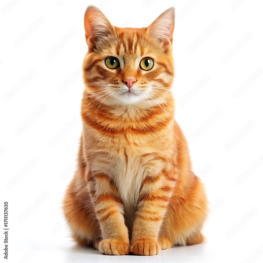 Obraz premium Adorable ginger tabby cat sitting attentively on a white background studio shot
