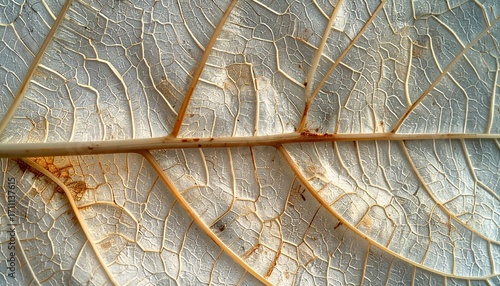 A macro ultra hyper realistic shot of the intricate, veiny pattern of a skeleton leaf.
