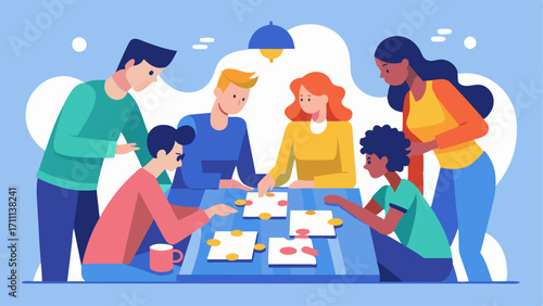 A group of friends gathered around a large table working on a puzzle together.