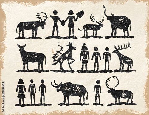Collection of Prehistoric Cave Painting Style Silhouettes.