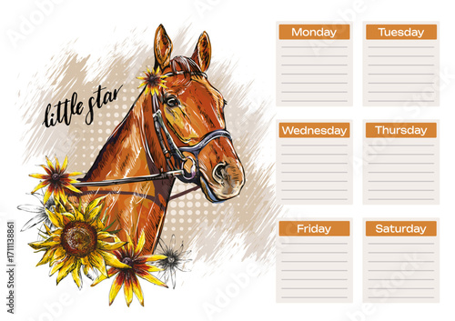 Horse in bridle with flowers planner and school schedule vector