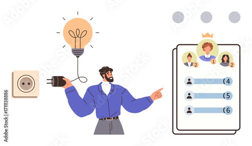 Man holding plug connected to lightbulb and pointing to leaderboard with rankings of people. Ideal for teamwork, leadership, innovation, brainstorming, competition, productivity, and growth. Clean