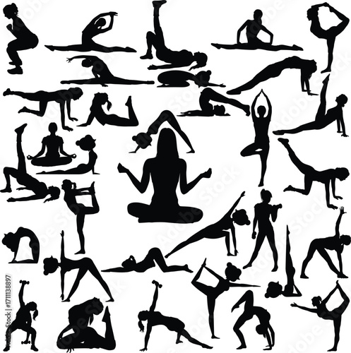 Yoga silhouette collection fitness poses and meditation set