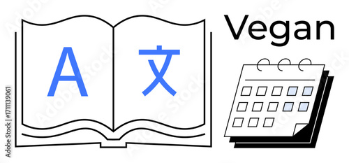 Open book with multilingual symbols, calendar emphasizing planning, and vegan text. Ideal for education, organization, scheduling, lifestyle, language, minimal design simple flat metaphor