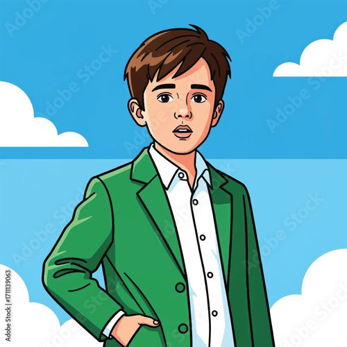 A cartoon illustration of a young boy wearing a green blazer and a white shirt, set against a blue sky.