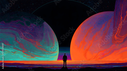 Silhouette of a lone person standing between two vibrant colorful planets.