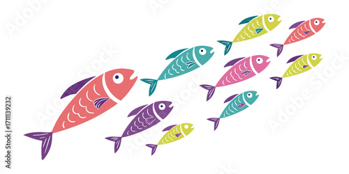 Large fish leading a school of smaller fish isolated on white background