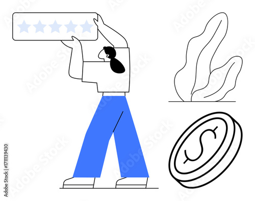 A person lifts a five-star review, symbolizing quality or achievement. Nearby are a dollar coin and a plant. Ideal for reviews, finance, success, eco-friendly, growth, customer feedback simple