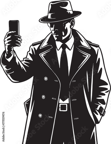 Black silhouette man in trench coat and fedora holding smartphone mafia detective
