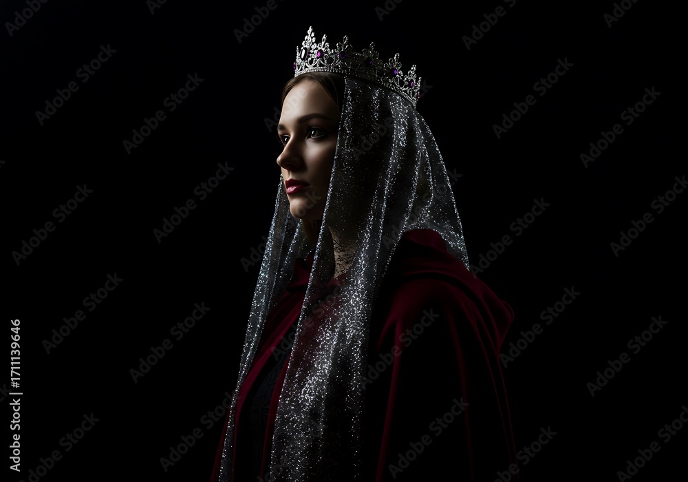 Naklejka premium Regal Portrait of a Woman in a Crown and Cloak. Generative Ai
