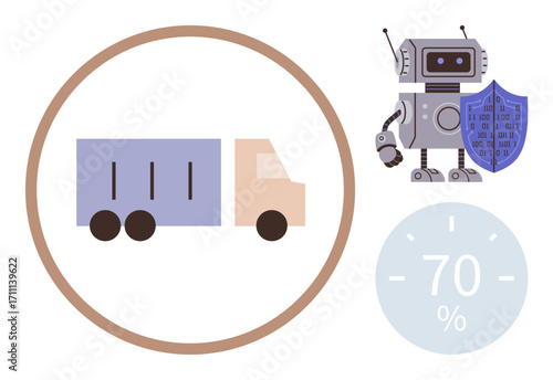 Truck inside a circle, robot holding shield, and a 70 indicator highlight safety, automation, efficiency. Ideal for logistics, delivery, AI, cybersecurity innovation transportation technology