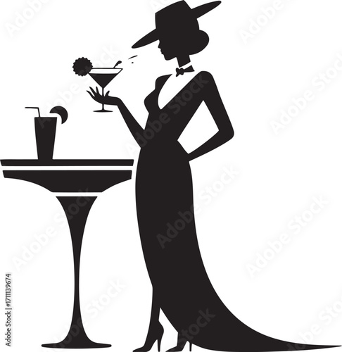 Elegant woman with hat and cocktail silhouette