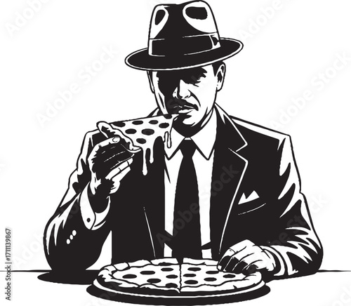 Mafia man eating pizza in fedora and suit vector
