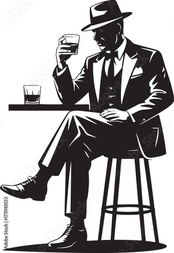 Man in suit and hat holding drink whiskey