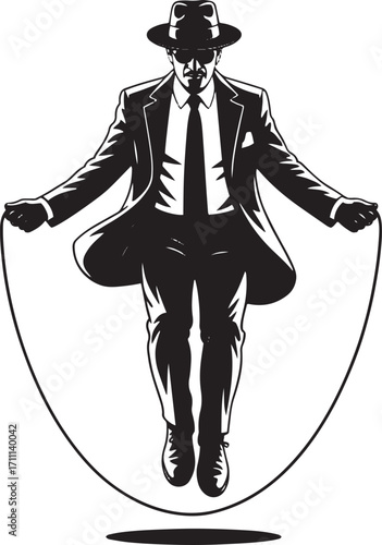 Man in suit jumping rope sunglasses