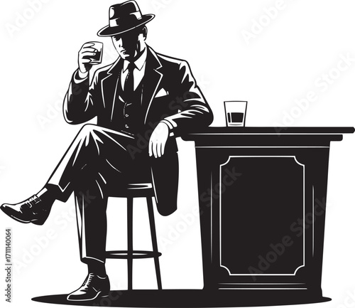 Man in suit with hat holding drink at bar vest