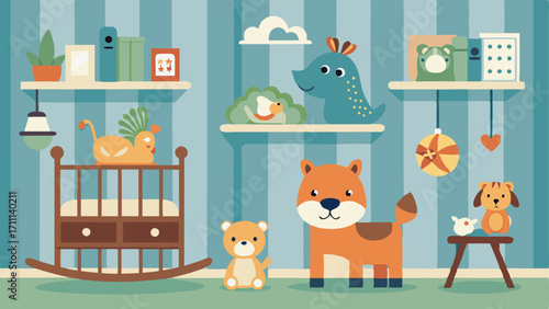 A nursery with a wallpaper featuring cartoon animals a rocking chair and a shelf filled with vintage toys.