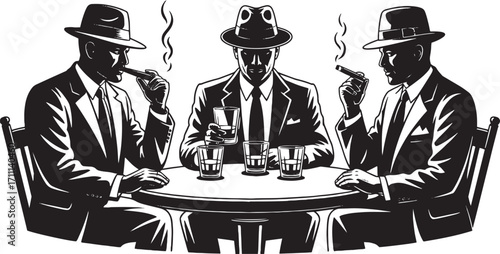 Three men in hats and suits smoking cigars and drinking whiskey mafia gangsters