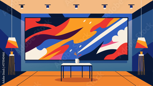 A large canvas painting filled with bold and abstract brushstrokes demands attention from across the room.