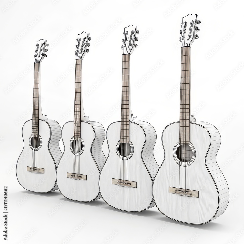Obraz premium Four acoustic guitars isolated on white background in 3d rendering style