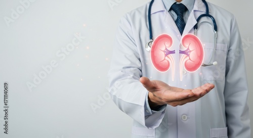 Doctor holding an illustration of kidneys in his hand against a white background