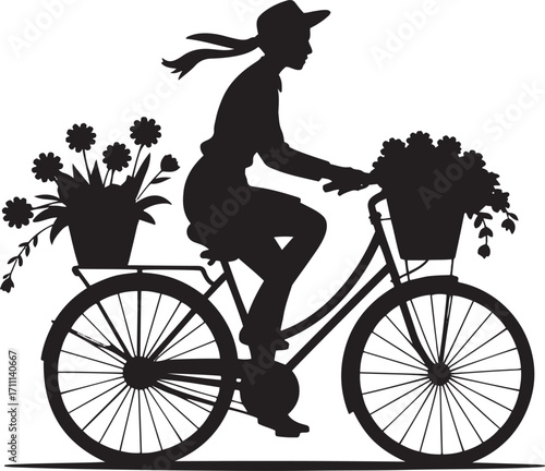 Woman riding bicycle with flowers silhouette basket