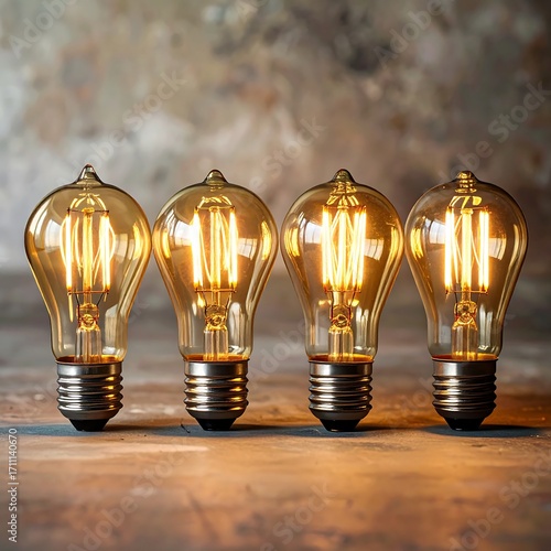 Four warm-toned Edison-style LED light bulbs on a wooden surface
