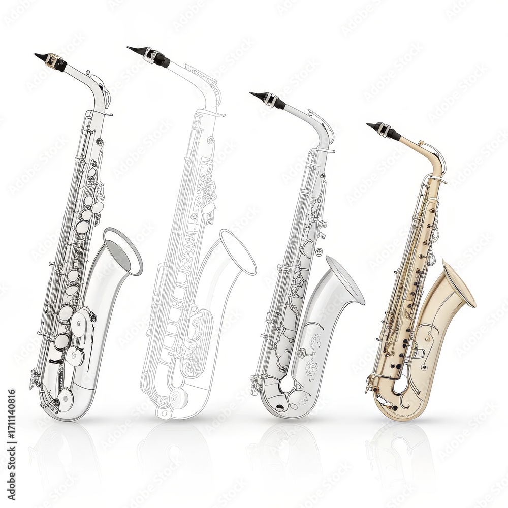 Naklejka premium Four saxophones in a row isolated on white background, musical instrument concept