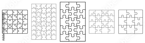 Set of jigsaw puzzle templates with square and rectangular piece layouts, outline design for games and educational activities