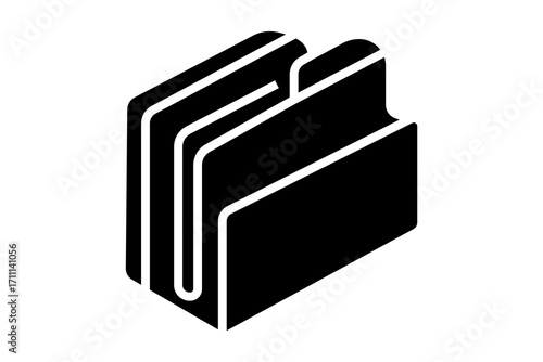 This image shows a black-and-white icon of a folder with documents inside. The folder is slightly open, and multiple sheets of paper can be seen, representing organization, filing, or record-keeping