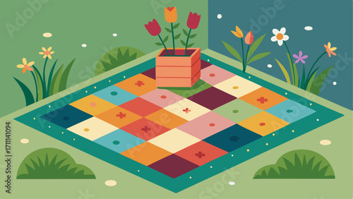 A patchwork quilt spread out on the grass surrounded by potted flowers.