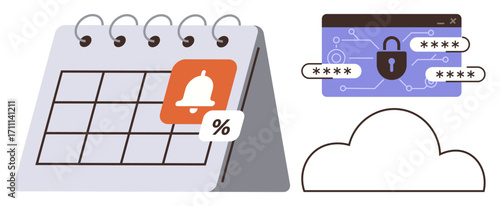 Ring-bound calendar with alert and percentage sign, cloud storage icon, and secured padlock with password. Ideal for planning, reminders, cloud storage, data protection, online security