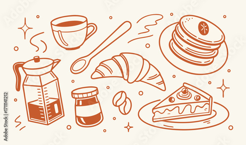 Handdrawn coffee and pastry doodles isolated on white background