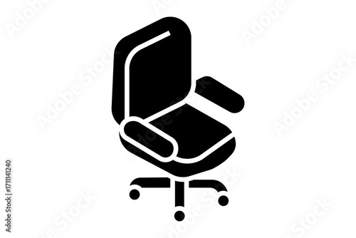 This image shows a black-and-white icon of an office chair. The chair has armrests, a cushioned seat and backrest, and a wheeled base, symbolizing workplace furniture, comfort, or office equipment.