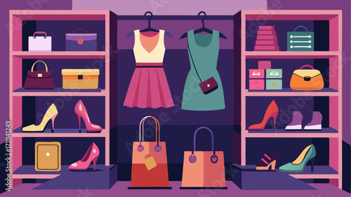 A gl walkin closet filled with designer shoes and handbags displayed on shelves and racks.