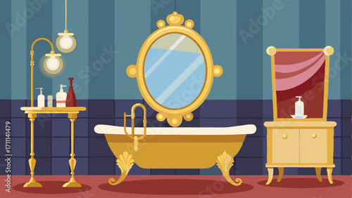A gl bathroom with a vintage clawfoot bathtub a metallic gold wallpaper and a vanity table with a Hollywoodstyle lighted mirror.