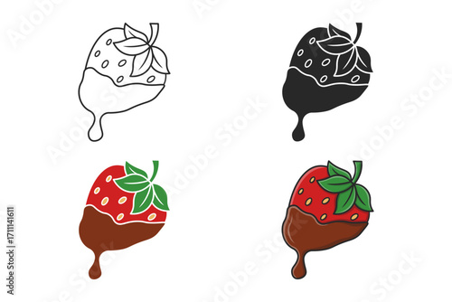 Chocolate dipped strawberry set, outline, silhouette and colorful vector illustration