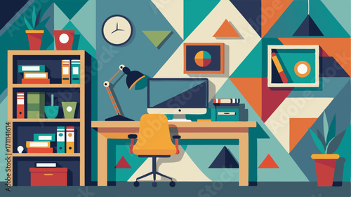 A home office with walls covered in a bold geometric wallpaper a mix of modern and vintage furniture and shelves filled with colorful office supplies.