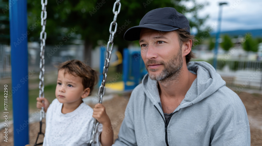 Obraz premium A heartwarming scene of a father sitting beside his son on swings at a playground, capturing the essence of family fun and shared moments in an outdoor setting.
